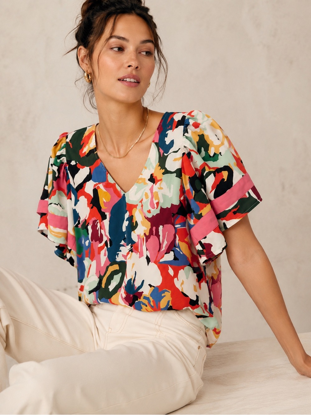 Crosby By Mollie Burch Floral V-Neck Flutter Short Sleeve Flowy Boutique Blouse